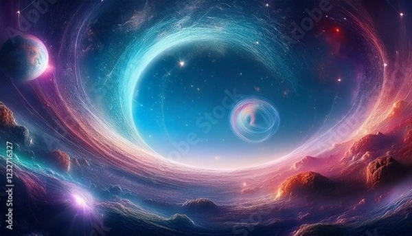 Fototapeta time travel wormhole concept in space with planets with atmosphere and universe; astronomy, fantastic scene, composite image