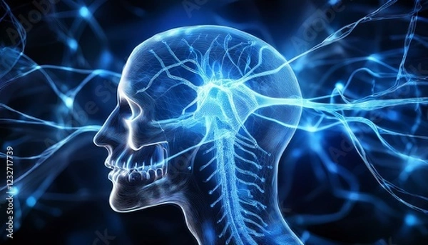 Fototapeta 과적된 정보의 신경망 폭주, 두개골 안에서 푸른색 신경세포들이 과열된 CPU처럼 깜빡이며 과도하게 연결되는 모습