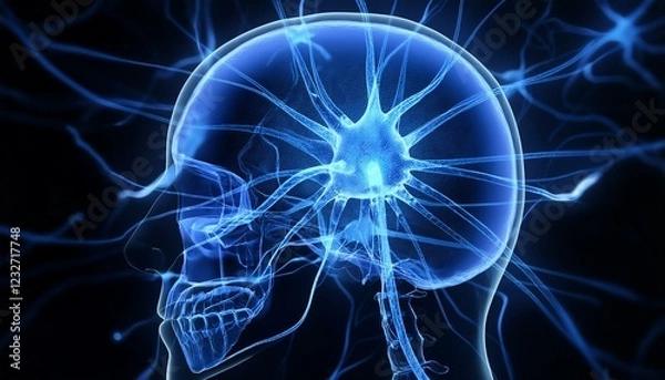 Fototapeta 과적된 정보의 신경망 폭주, 두개골 안에서 푸른색 신경세포들이 과열된 CPU처럼 깜빡이며 과도하게 연결되는 모습