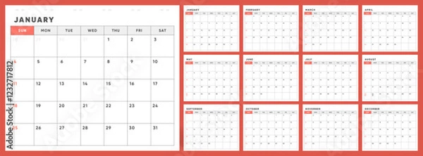 Fototapeta Calendar 2026. Week starts Sunday. Office corporate design monthly 2026 calendar template vector.	