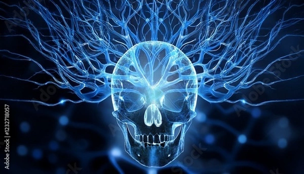 Fototapeta 과적된 정보의 신경망 폭주, 두개골 안에서 푸른색 신경세포들이 과열된 CPU처럼 깜빡이며 과도하게 연결되는 모습