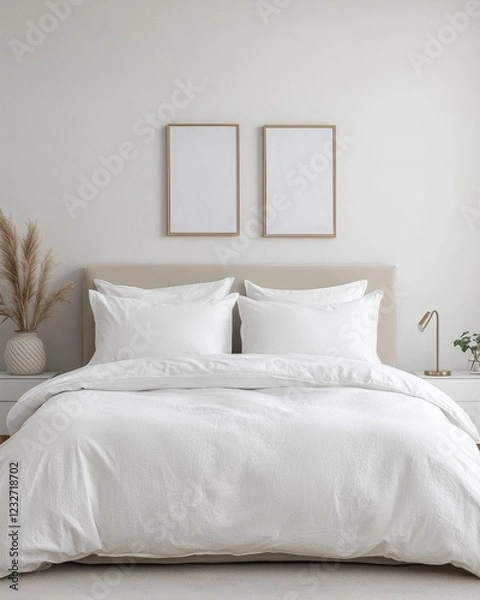 Fototapeta A minimalist bedroom featuring a white bedding set, decorative pillows, and empty frames on the wall, creating a serene and stylish atmosphere.