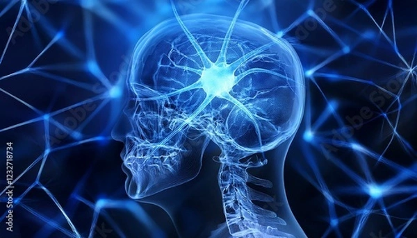 Fototapeta 과적된 정보의 신경망 폭주, 두개골 안에서 푸른색 신경세포들이 과열된 CPU처럼 깜빡이며 과도하게 연결되는 모습