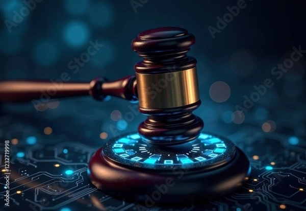 Fototapeta A close-up of a gavel on a sound block, rendered in a futuristic, digital style with glowing particles and a circuit board background.