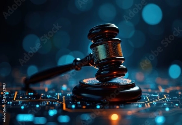 Fototapeta A close-up of a gavel on a sound block, rendered in a futuristic, digital style with glowing particles and a circuit board background.