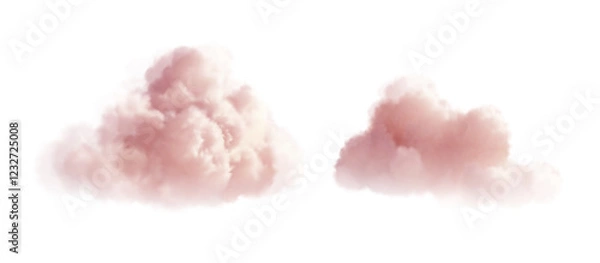 Fototapeta Soft and Fluffy Pink Clouds Isolated on a White Background. A pair of light pink clouds floating serenely against a pure white background,  tranquil atmosphere. Vector illustration