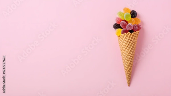 Fototapeta Ice cream cone with colorful gummy candies, set against a pastel pink background, creating a playful and sweet aesthetic.
