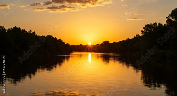 Obraz 湖に浮かぶ夕日