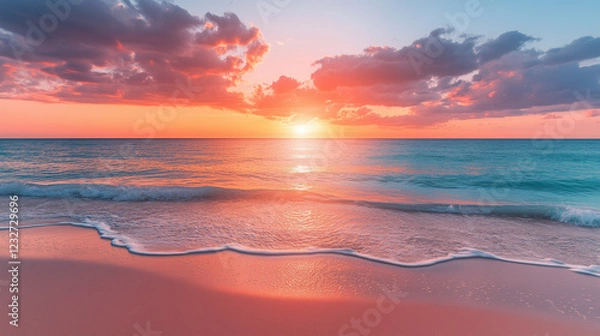 Fototapeta A serene beach bathed in the warm glow of a setting sun, painting the sky with hues of pink and orange, a moment of perfect peace