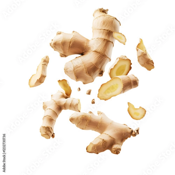 Fototapeta fresh ginger root with sliced pieces isolated png transparent background