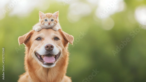 Fototapeta Mixed-breed dog with a kitten on its head, both displaying playful expressions, showcasing a heartwarming moment of animal friendship.
