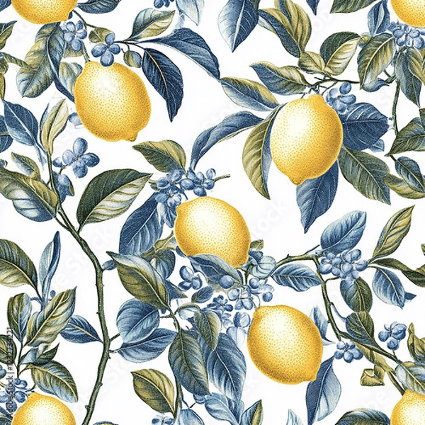 Obraz A beautiful painting of lemons and leaves in blue and white. The lemons are bright yellow and the leaves are a deep blue color. The painting has a serene and calming mood, with the blue