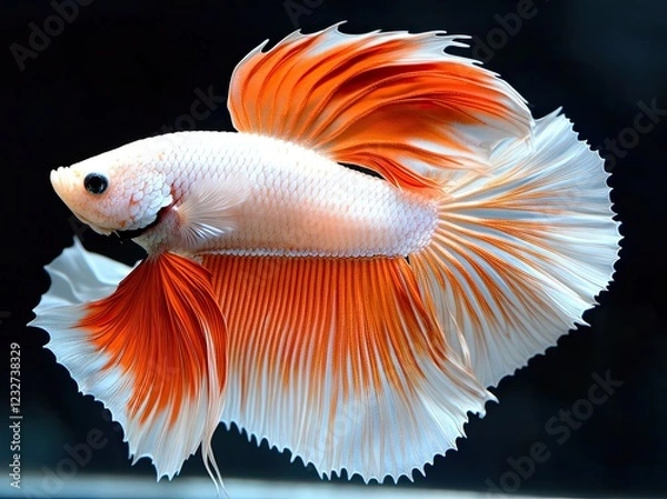 Fototapeta An isolated shot of a Betta fish, or Siamese fighting fish, on a black background, emphasizing a fine art design