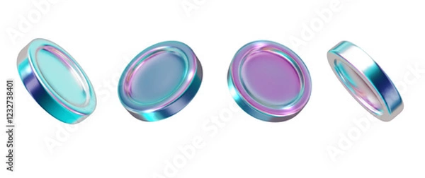 Obraz Chrome 3d coin holographic collection. Metal realistic shape 3d chrome vector for modern futuristic design aesthetics