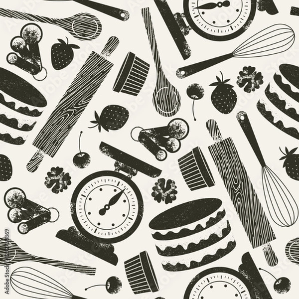 Fototapeta Bakery elements minimalist seamless pattern. Cake with various baking utensils.
