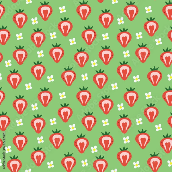 Obraz Cute light green seamless pattern with strawberries. Pastel textile design.