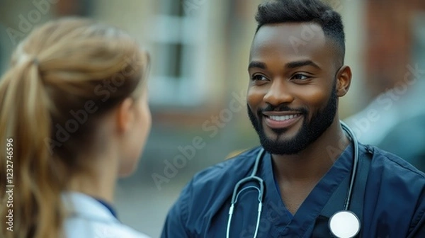 Obraz Smiling healthcare professional engages with colleague in a friendly conversation outside the hospital during daytime