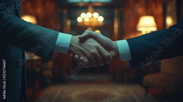 Obraz Business partners shake hands in a luxurious lounge setting during a formal meeting at night