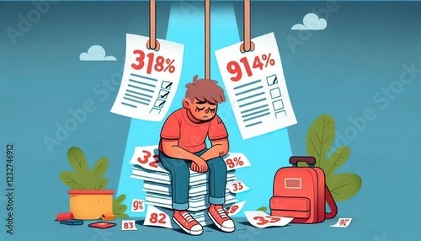 Fototapeta Sad student sitting on a pile of exam papers with bad grades and high percentages hanging
