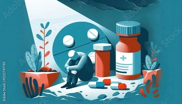 Fototapeta Depressed Person Avoiding Medication and Hiding from Light