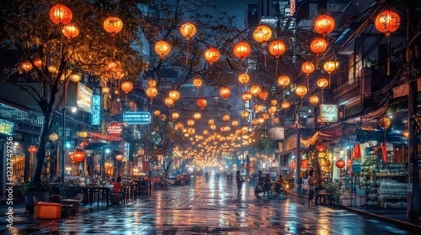 Fototapeta Songkran festival at night glowing streetlights reflecting on wet pavement people still enjoying water fights under the city lights festive and lively Thai New Year atmosphere Stock Photo with side