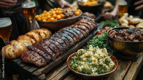 Fototapeta Succulent Medieval Feast with Grilled Meat Platters on Rustic Wooden Table