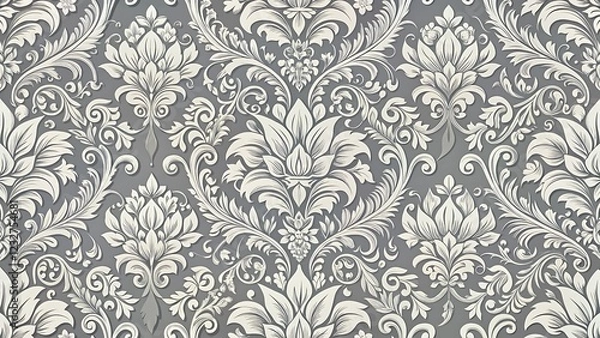 Fototapeta Classic Ornamental Gray Damask Pattern with Intricate Floral and Swirl Motifs for Elegant Wallpapers and Decorative Elements 