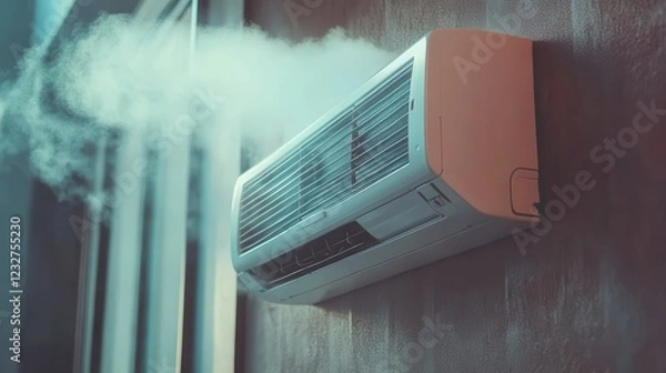 Fototapeta smoke coming out of the indoor unit of air conditioner, broken air conditioning
