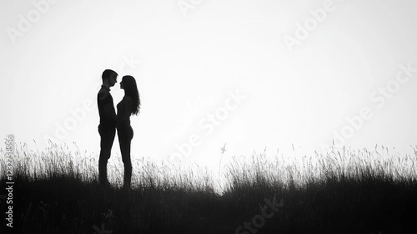 Fototapeta black silhouette of lovers in meadow, copy space for text