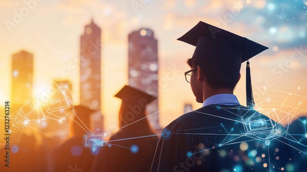 Fototapeta Graduation silhouettes against sunset skyline, showcasing students in caps and gowns, symbolizing achievement and future possibilities