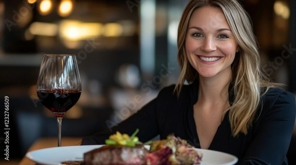 Fototapeta A high-end steak dinner with a glass of red wine and elegant plating. 