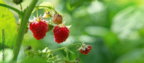 Fototapeta Raspberry branch in the summer garden.