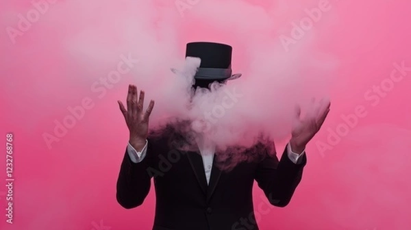 Fototapeta Mystical magician with top hat and smoke on bold pink background explores surreal illusion concepts