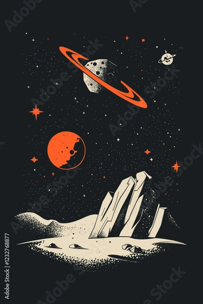 Fototapeta A surreal space scene featuring a rocky alien landscape under a starry sky. A ringed planet and a red moon hover above, surrounded by small glowing stars.