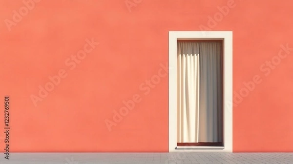 Fototapeta minimal architecture detail of a doorway with a white curtain on a coral colored wall