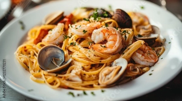 Fototapeta Plate of pasta with shrimp and clams served with a garnish of herbs on a rustic wooden table