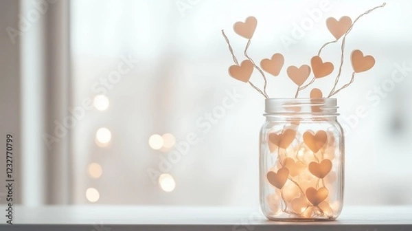 Fototapeta Romantic heart-shaped lights in jar creating cozy atmosphere for valentine's day decor
