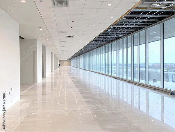 Fototapeta Suspended ceiling grid and ceiling tiles being installed in modern office building