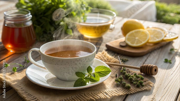 Fototapeta Cup of herbal tea with honey lemon and mint on rustic wooden surface in soft sunlight