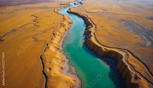 Obraz Aerial view of a braided river with turquoise water, golden sand, winding channels, vibrant colors, Icelandic desert, abstract patterns, dramatic lighting