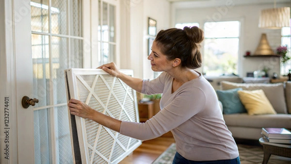 Obraz Woman replacing air filter in home ventilation system for better indoor air quality