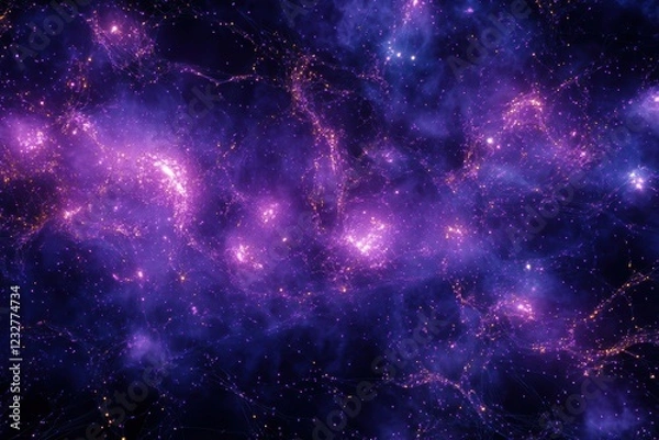 Fototapeta A purple and blue background with glowing neural networks connecting stars, symbolizing the cosmic connections of the universe.