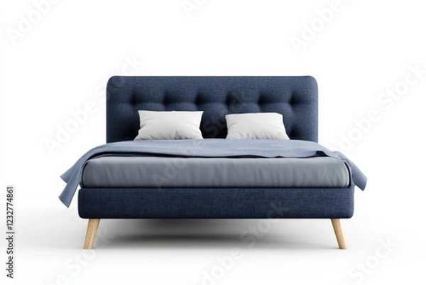 Obraz modern blue upholstered bed with two pillows and light blanket isolated on white background