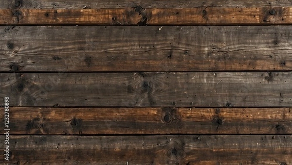 Fototapeta Dark weathered wood texture background with horizontal boards, brown shades, and visible knots

