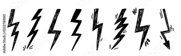 Fototapeta Lightning thunder stroke doodle scribble grunge pencil set. Simple drawing charcoal textured elements.
