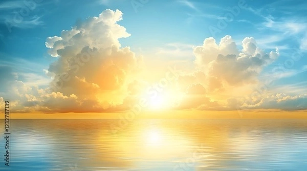 Fototapeta Golden Sunset Over Calm Ocean With Fluffy Clouds