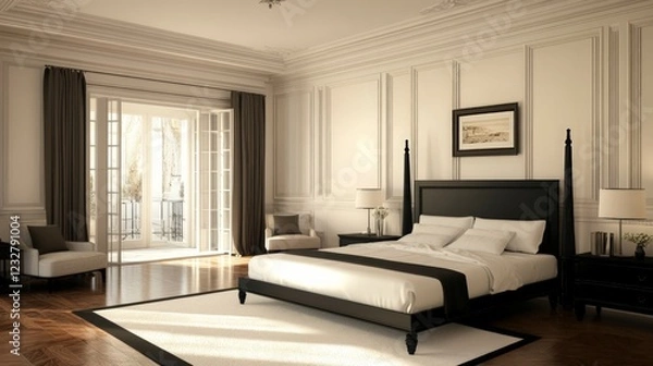 Fototapeta Elegant Modern Bedroom Interior with Large Windows and Soft Lighting