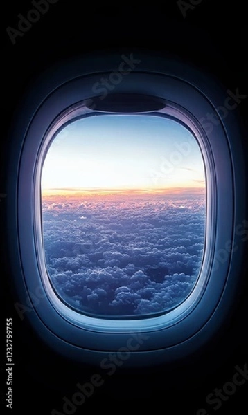 Fototapeta View from an airplane window at night showcasing clouds and sunset hues