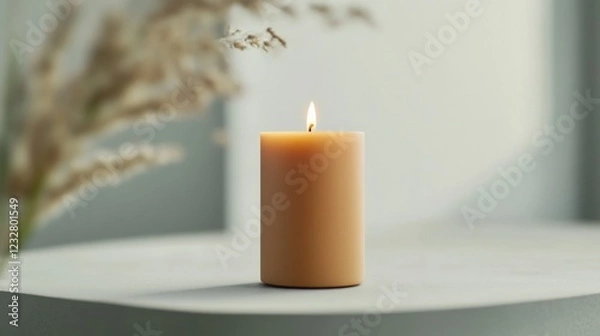 Fototapeta a lit beige pillar candle on a table with dried flowers in the background