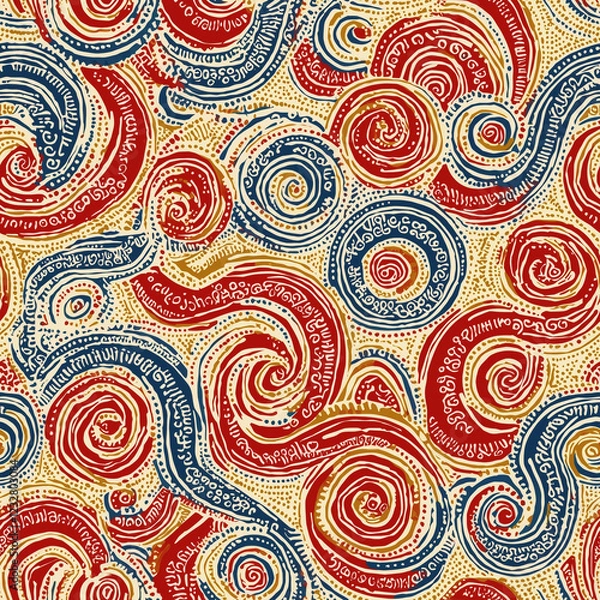 Fototapeta Colorful swirling patterns in red, blue, and yellow create a vibrant abstract design.